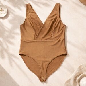 Women’s Deep V Neck Bodysuit – Tan / Camel – Sleeveless Stretch